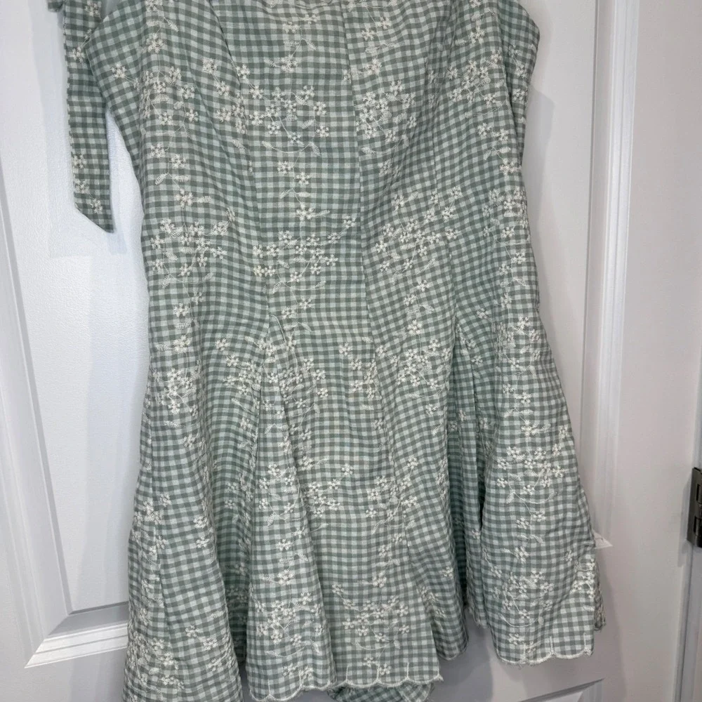 Altar'd State Size Medium Sage Green Gingham Floral Embroidered Tie Strap Romper - Picture 3 of 9